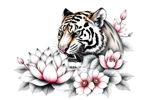 fierce tiger emerging through blooming lotus flowers in mist tattoo idea