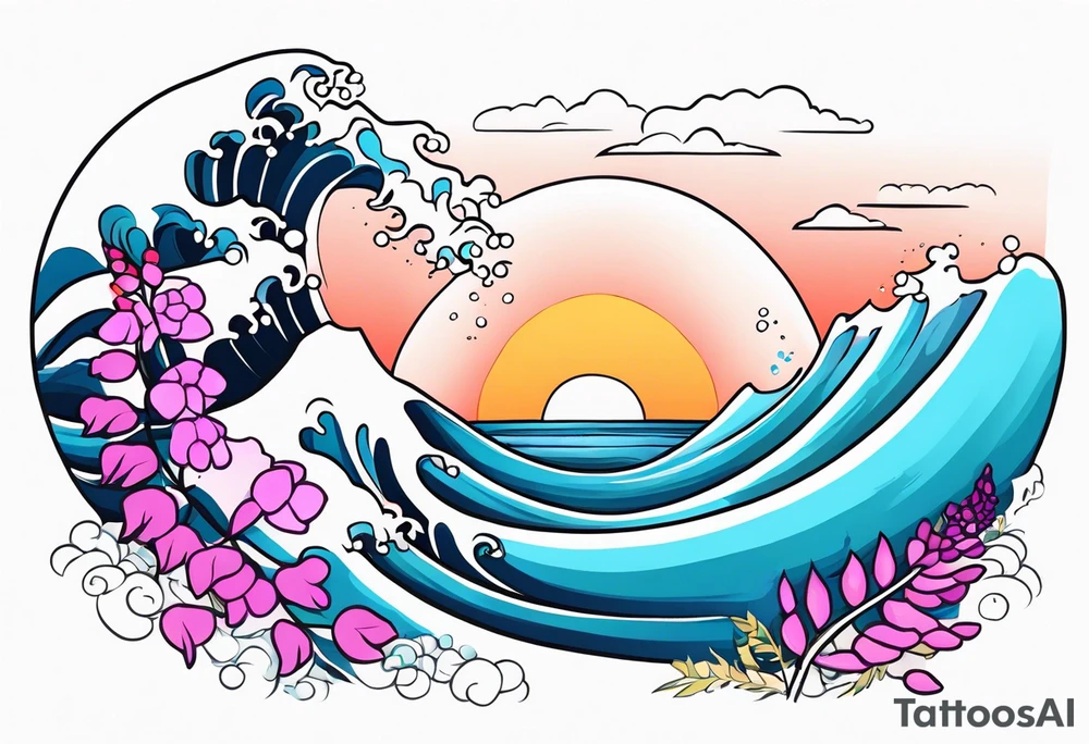 ocean wave with lupin flower and fireweed tattoo idea
