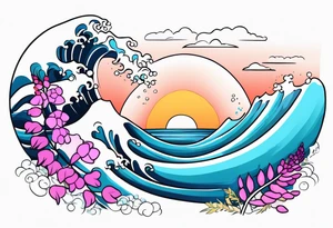 ocean wave with lupin flower and fireweed tattoo idea