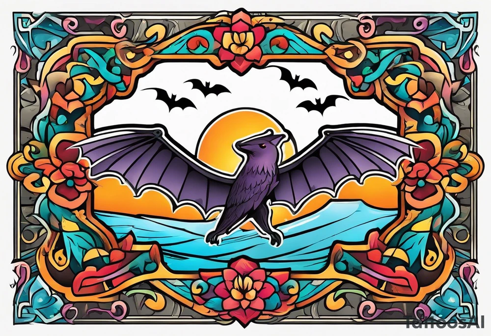 Colorful Mexican hieroglyph with bats and water tattoo idea