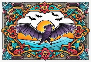 Colorful Mexican hieroglyph with bats and water tattoo idea