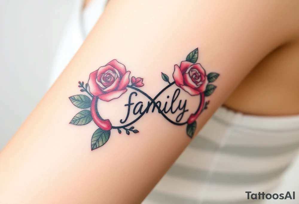 A infinity symbol made of delicate roses, with the word "family" carved into the petals tattoo idea