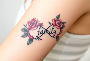 A infinity symbol made of delicate roses, with the word "family" carved into the petals tattoo idea