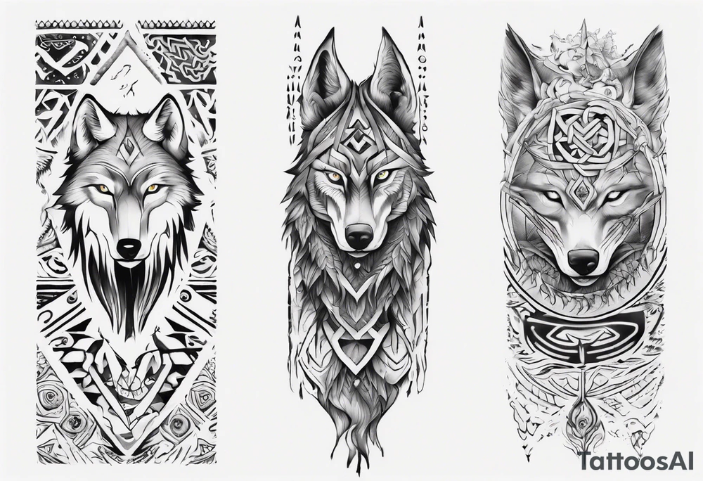 want a half sleeve on my left forearm featuring a howling wolf, surrounded by Māori patterns and Norse symbols, with a tribute to my nana, Joy tattoo idea
