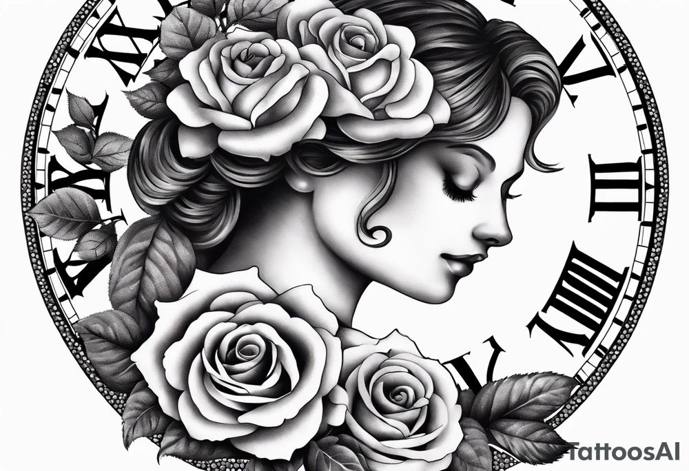 angel, roses, clock, name MARTINA tattoo idea