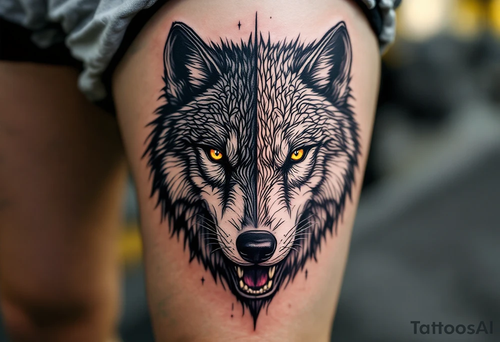 Black wolf face and a white wolf face side by side tattoo idea