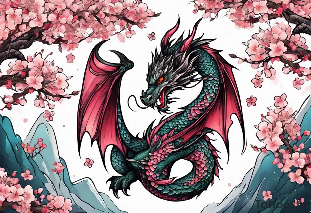 A dragon with wings covered in cherry blossoms tattoo idea