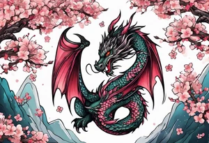 A dragon with wings covered in cherry blossoms tattoo idea