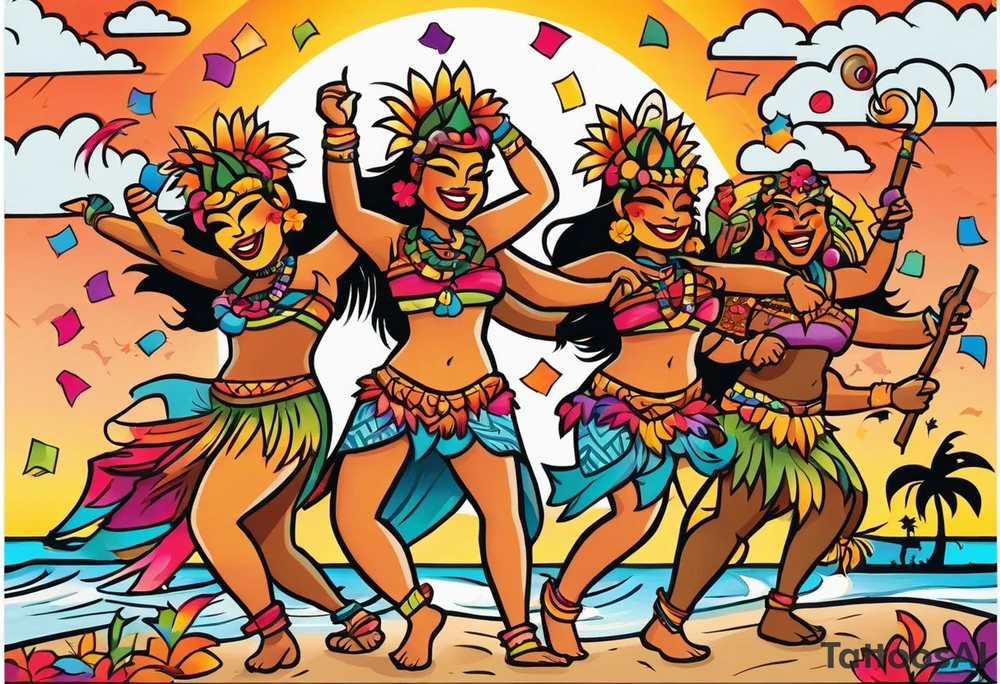 dancing tiki gods dance party on the beach with a sunset in the center of the image with confetti and music notes and sexy hula girls doing limbo in the center tattoo idea