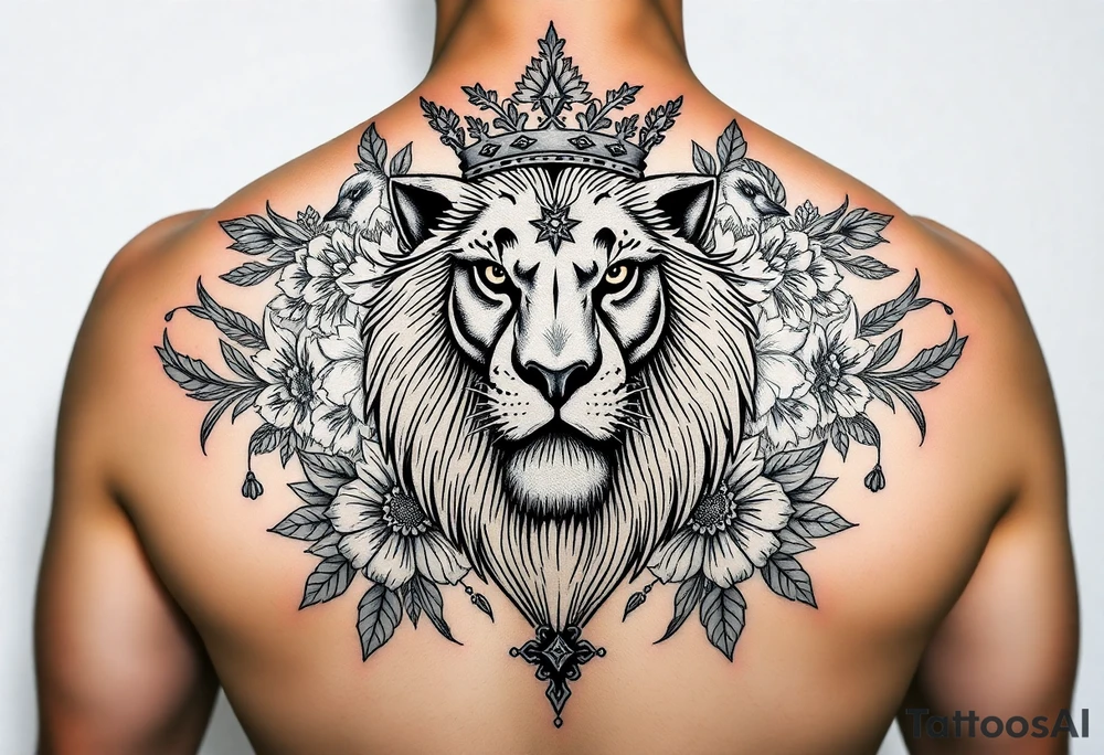 powerful majestic lion with a crown, surrounded by floral ornaments and birds tattoo idea