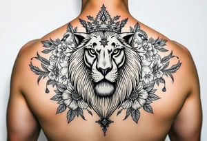 powerful majestic lion with a crown, surrounded by floral ornaments and birds tattoo idea