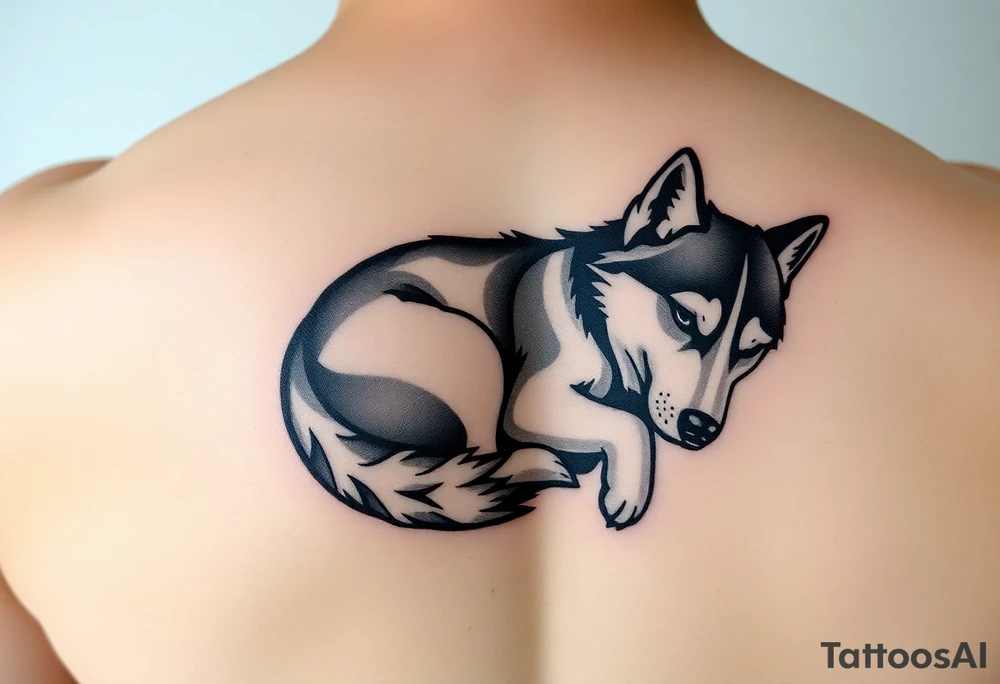 Majestic Siberian husky curled up napping tattoo idea