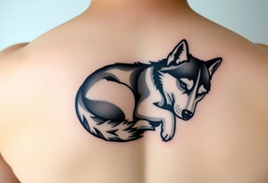 Majestic Siberian husky curled up napping tattoo idea