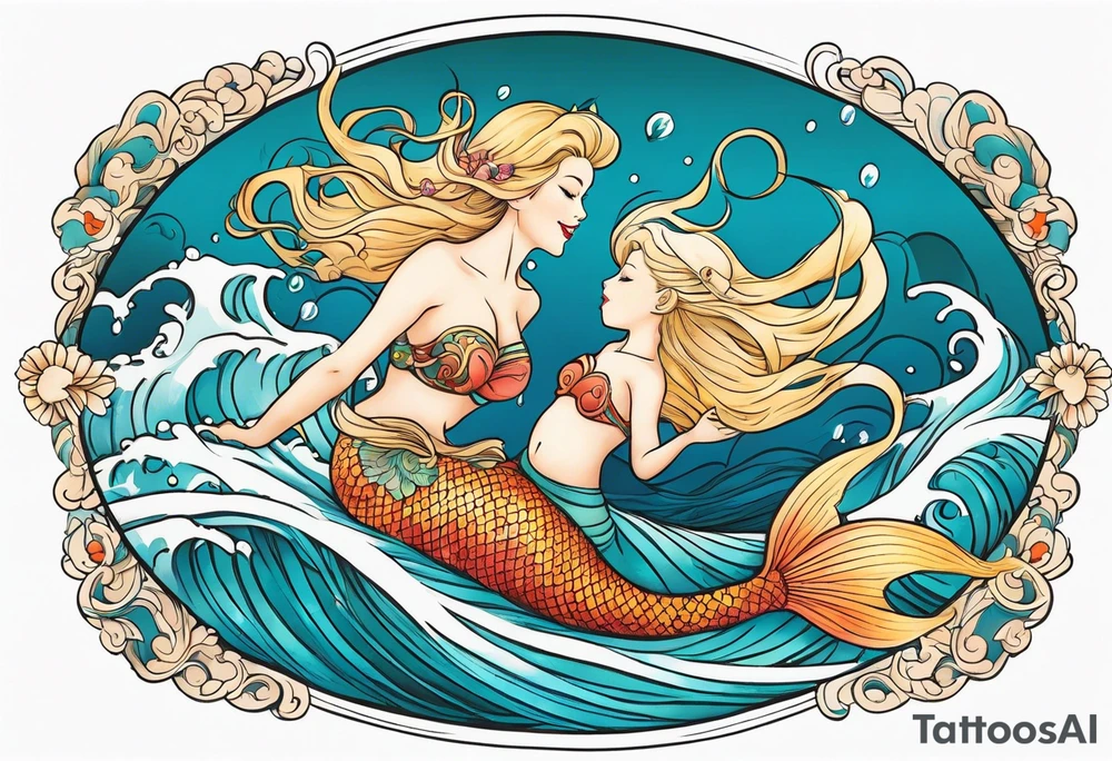 Blond mermaid and son frolicking in the ocean tattoo idea