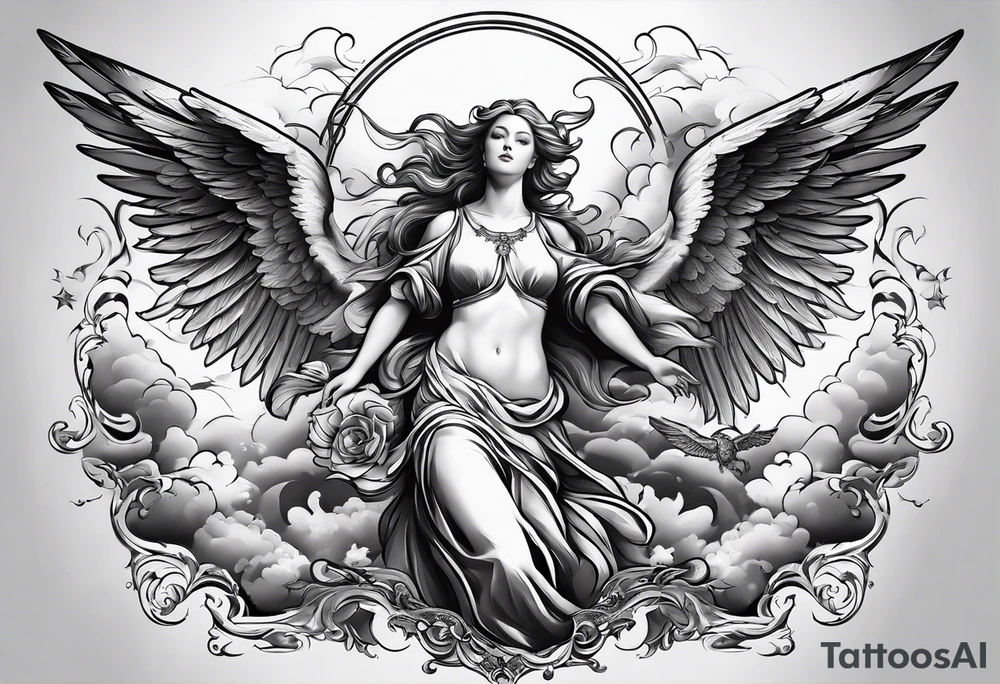 one big angel with 3 angels flying in the back with shading and clouds tattoo idea