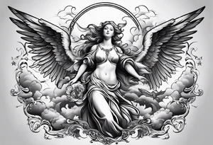 one big angel with 3 angels flying in the back with shading and clouds tattoo idea