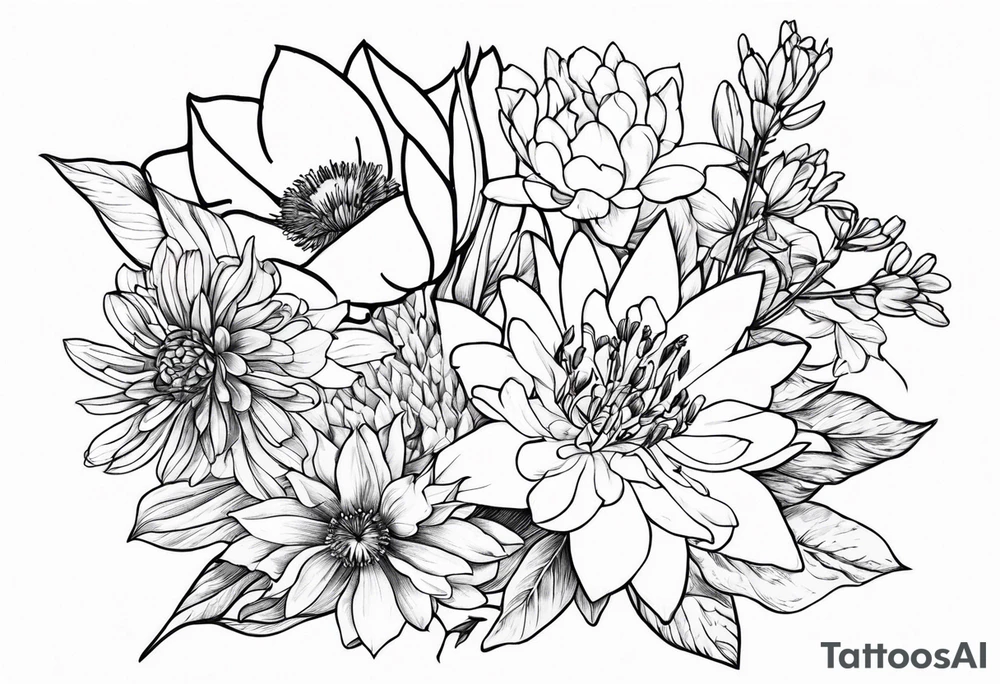 Bouquet with larkspur, water lily, carnation, chrysanthemum tattoo idea