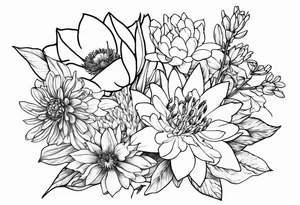 Bouquet with larkspur, water lily, carnation, chrysanthemum tattoo idea