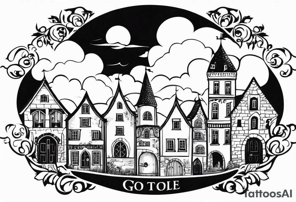 medieval town houses open gate towers garden circle vignette surrounded by clouds tattoo idea
