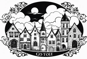 medieval town houses open gate towers garden circle vignette surrounded by clouds tattoo idea