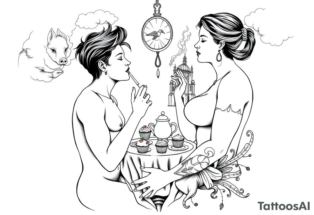 Mystical Naked Man and woman having sex eating cupcakes and  fruit  having sex clouds gothic sexy naked fat lady having a tea party with tea pot with fancy castle  
with a pigs, peacock, noose, lion, goat, smoking cigerettes looking in the mirror thru storm clouds with razor blades and broken hearts and darkness and wrath, envy , gluttony, greed, sloth, pride kill tattoo idea