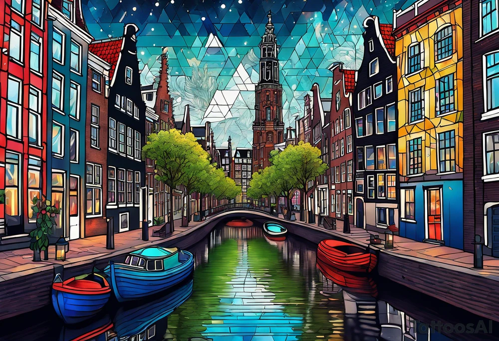 animals and featuring colours of the universe and galaxies feauturing animals and pineapples in amsterdam city featuring Amsterdam buildings and canal made of glass tattoo idea