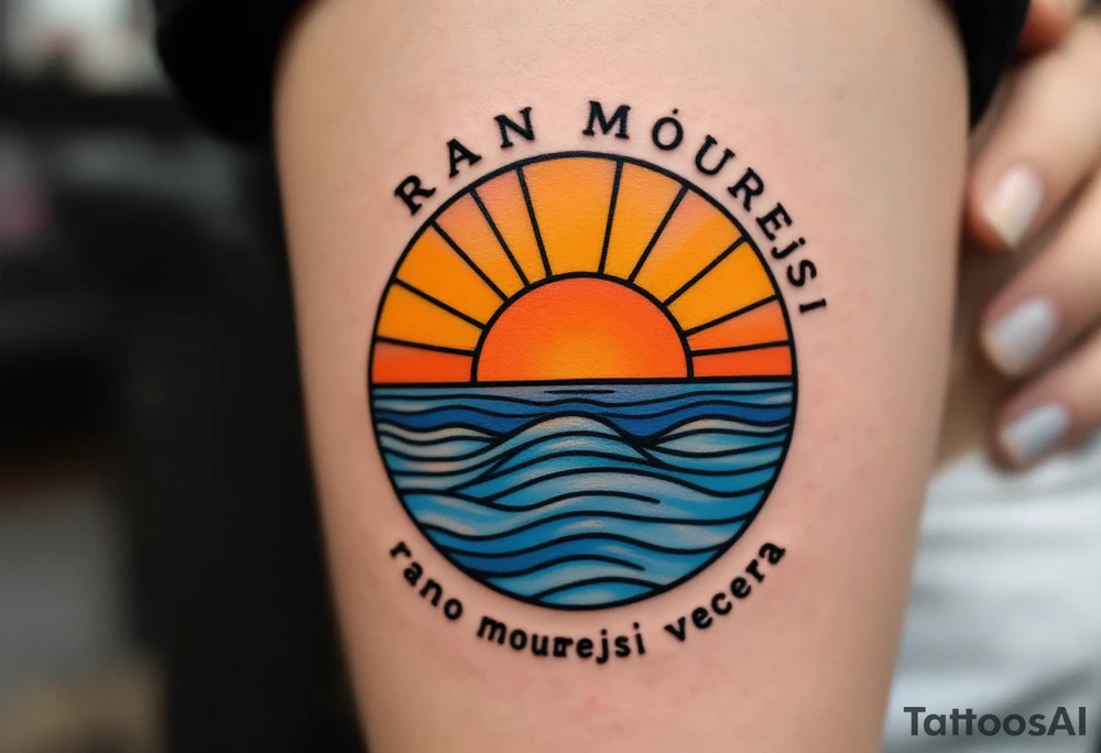 "Rano moudrejsi vecera." — A half-sun, half-moon design in pastel oranges and soft blues, with the phrase circling the horizon line in black. tattoo idea