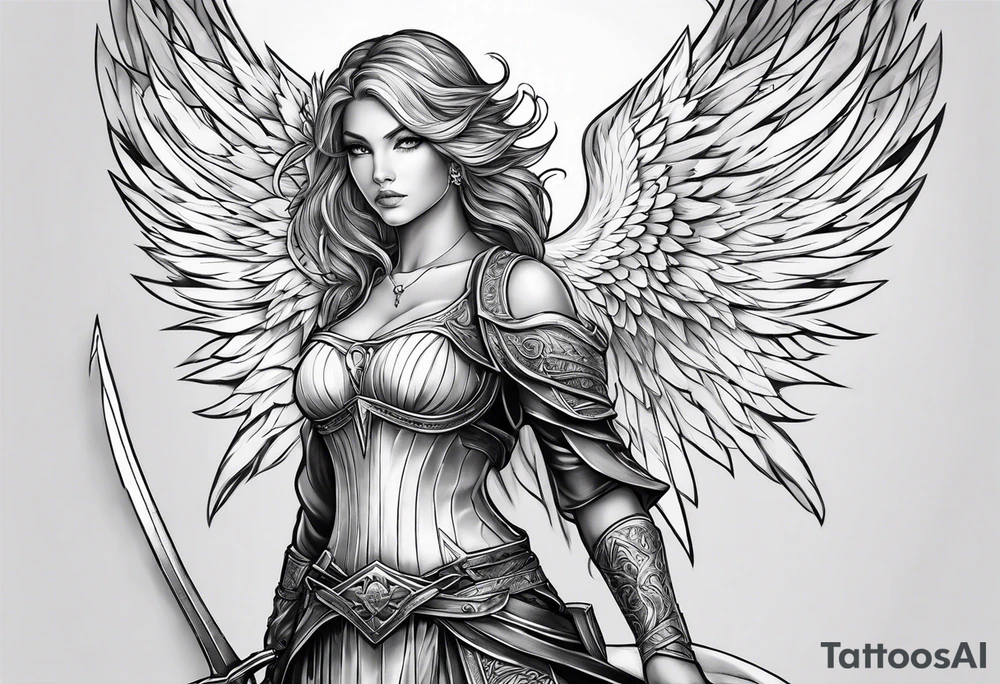 Female angel with sword lightning and lightning eyes tattoo idea Female angel with sword lightning and lightning eyes tattoo idea