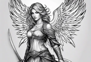 Female angel with sword lightning and lightning eyes tattoo idea
