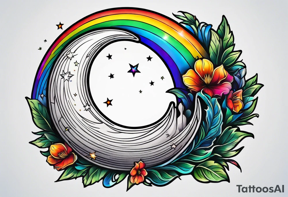 Small crescent moon with a rainbow tattoo idea