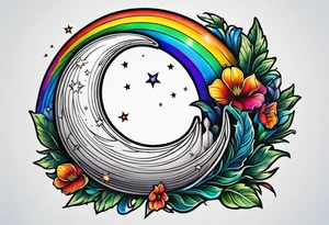Small crescent moon with a rainbow tattoo idea
