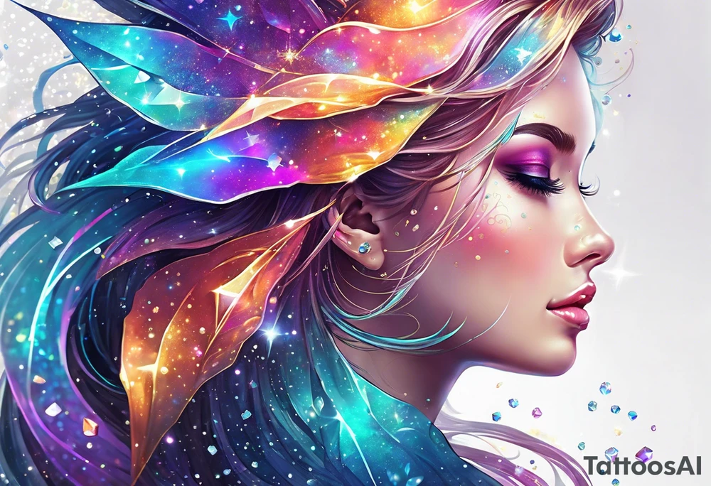 Holographic glitter rain wind crystal cluster dazzling sparkle breathtaking wispy galaxy tattoo idea