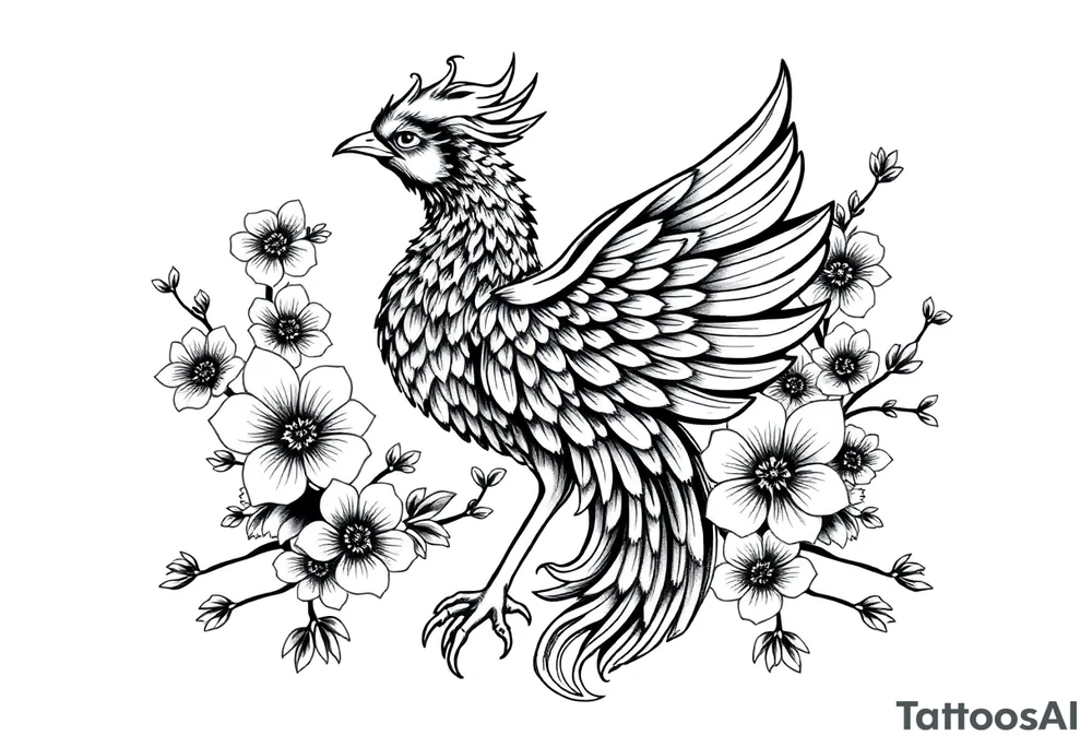 powerful majestic japanese phenix surrounded by Marple and cherry blossom ornaments tattoo idea