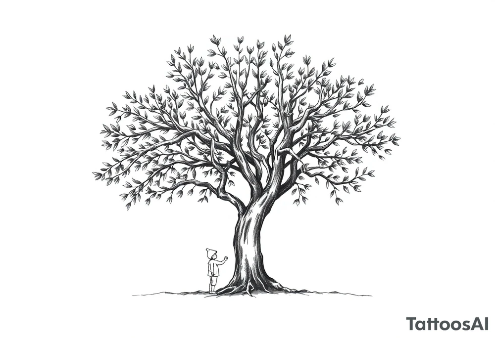 A big olive tree with a child and his parents picking it tattoo idea