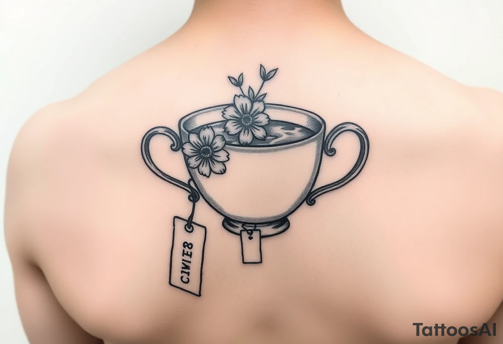 Dainty cup of tea with one handle small floral arrangement and a tea bag tag hanging over the edge of the cup tattoo idea