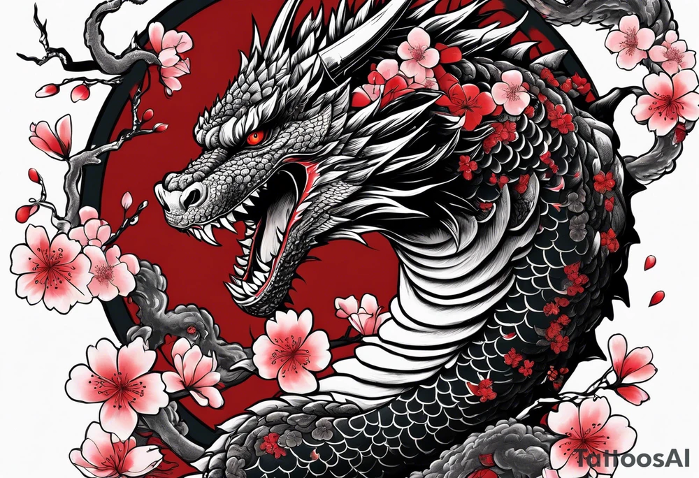 godzilla inspired dragon irezumi in black and red with water and lightning and cherry blossoms arm sleeve tattoo idea