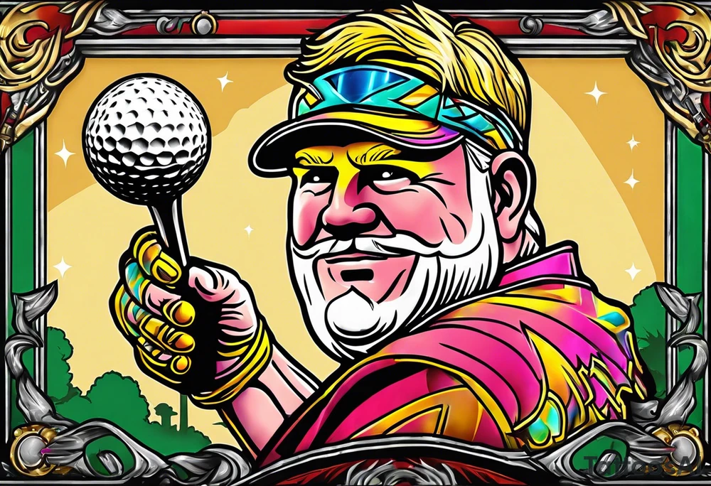 Golfer John Daly wearing the Infinity Gauntlet on one hand and holding a putter on the other hand on the 18th hole of the Masters. tattoo idea