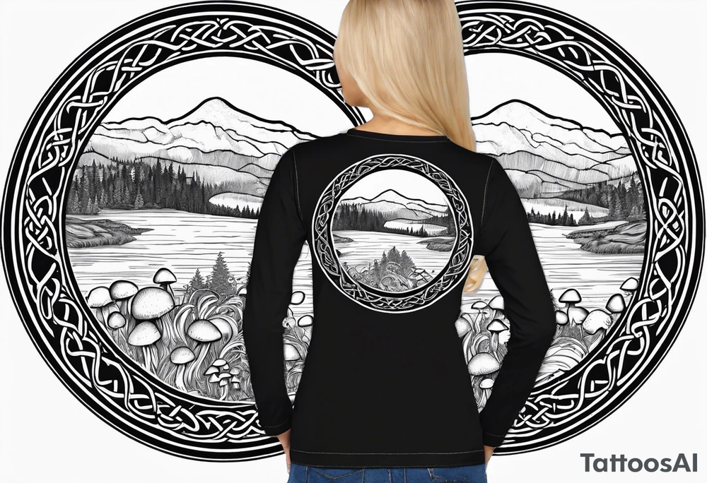 Whole picture encircled fully

Straight long blonde hair hippie girl in distance holding mushrooms in hand facing away toward mountains and creek surrounded by mushrooms long sleeve shirt and hiking pants; whole rendering within a full celtic circle border, no cut off circle tattoo idea