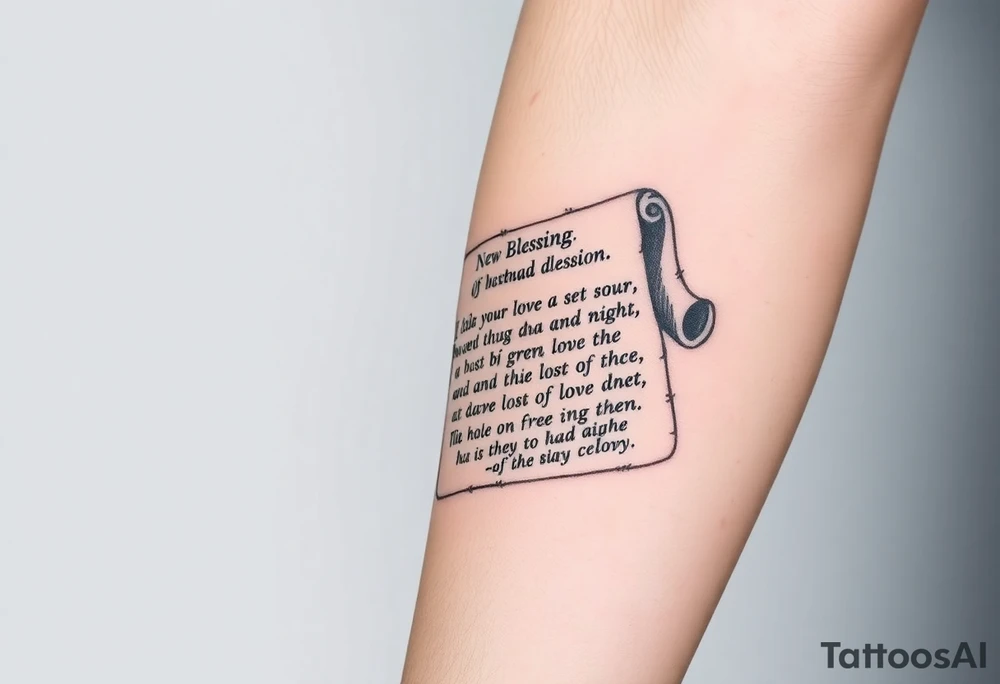 A large scroll of a bible scripture about new blessing and lost of a love one tattoo idea