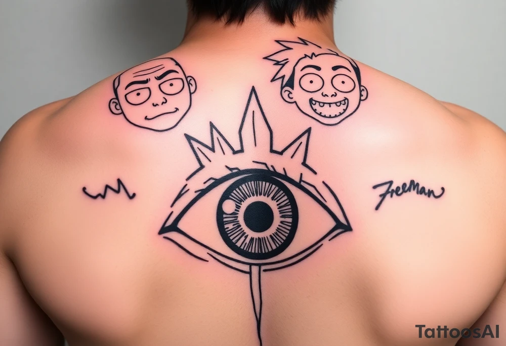 Boondocks Riley Freeman and Huey Freeman on top. in the middle itachi sharingan with one eye having Rick and Morty walking out of it, tattoo idea