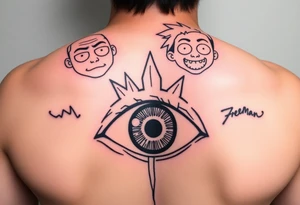Boondocks Riley Freeman and Huey Freeman on top. in the middle itachi sharingan with one eye having Rick and Morty walking out of it, tattoo idea