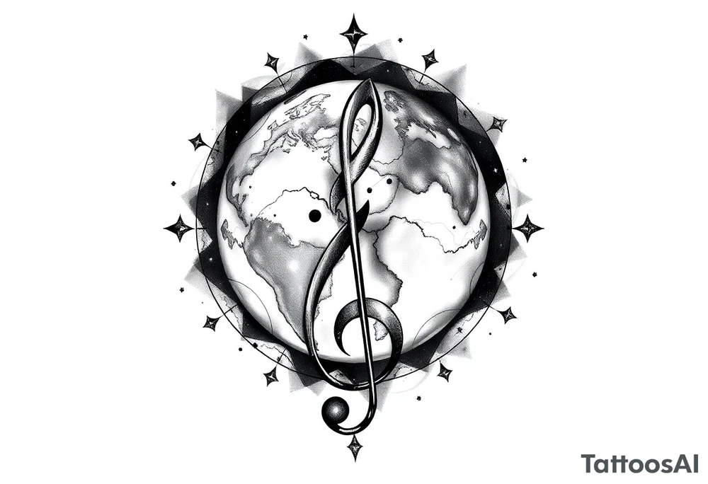 system of the universe with earth and a clef for my love to music, tattoo idea