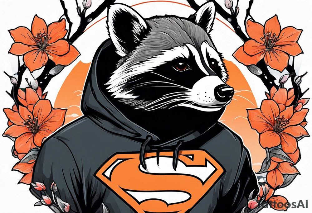 Raccoon wearing a white Superman logo on a black hoodie and orange Japanese cherry blossoms beside tattoo idea