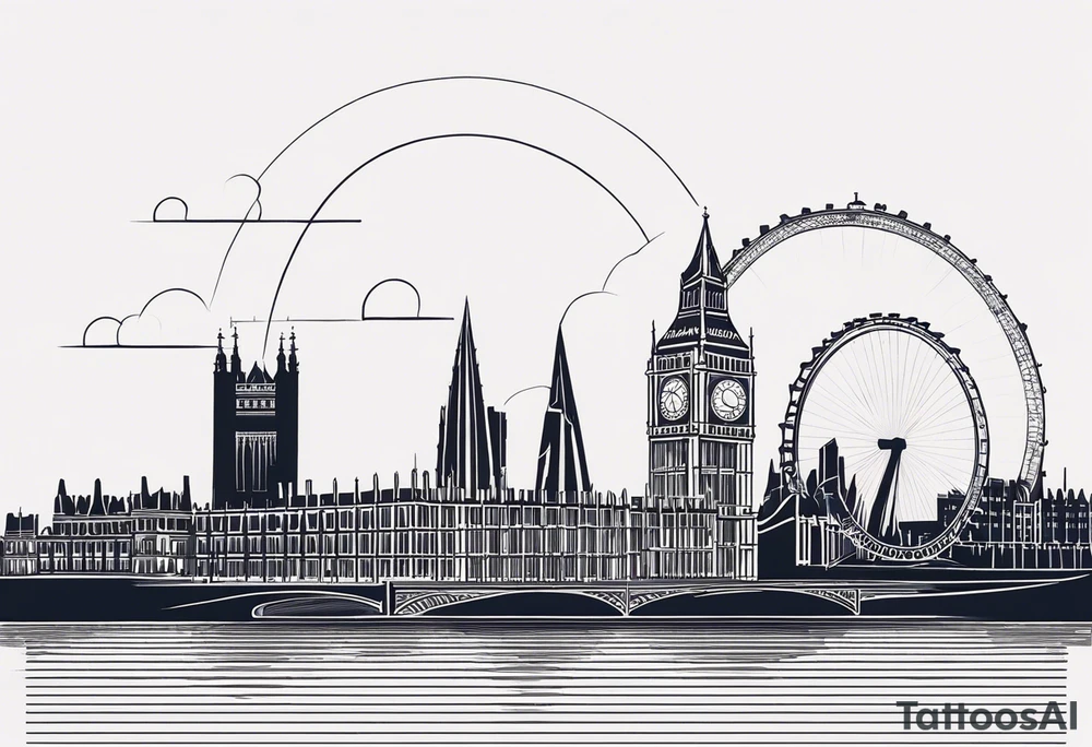 A minimalistic, abstract design capturing the architectural essence and vibe of London. Key elements of London’s skyline and structure are hinted at with clean lines, and subtle detailing includes personal touches, like a nod to Feid’s signature look (hat, glasses, mustache), integrated discreetly to honor a memorable concert experience. tattoo idea