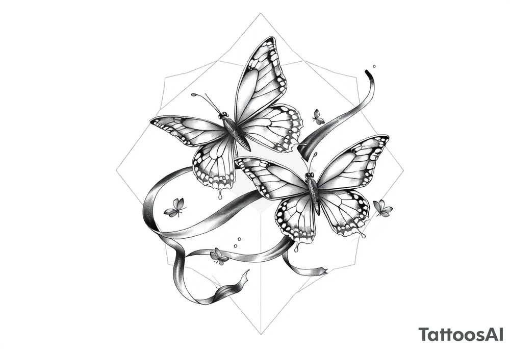 Magical butterflies with flowing silk ribbons in geometric background tattoo idea