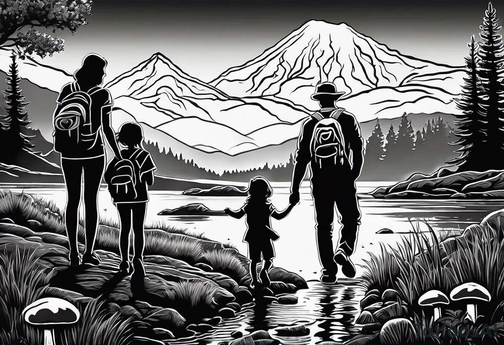 Family silhouette father, mother, son, 2 daughters foraging mushrooms with mountains and creek in background tattoo idea