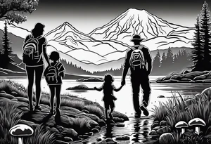 Family silhouette father, mother, son, 2 daughters foraging mushrooms with mountains and creek in background tattoo idea