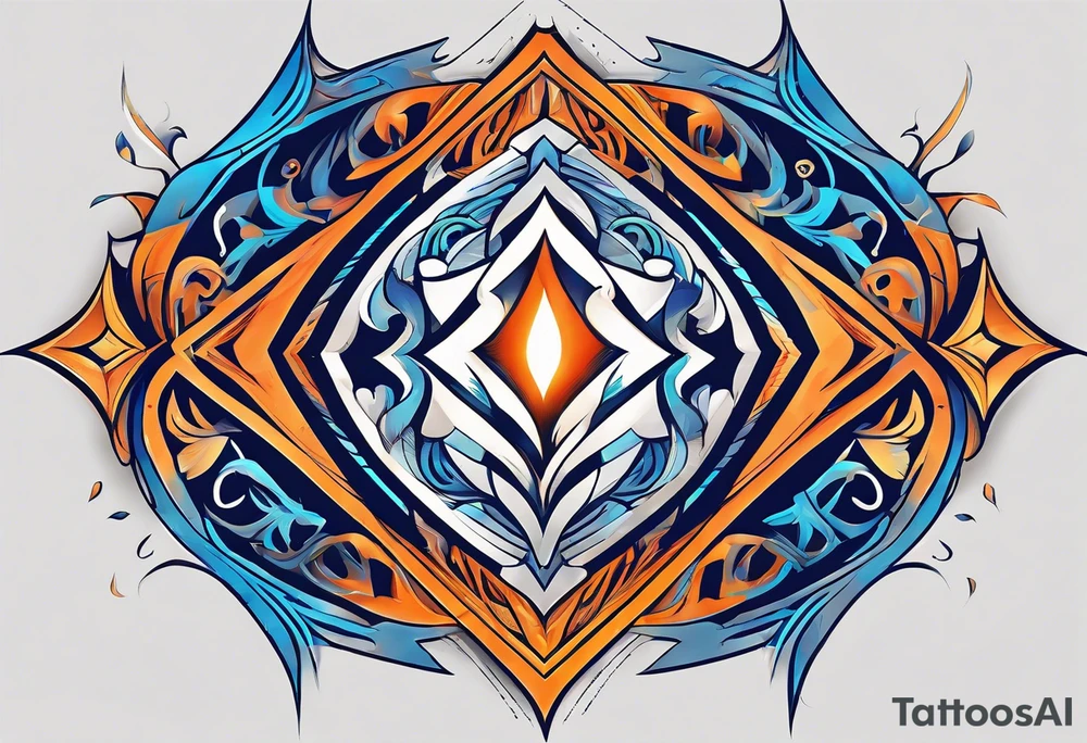 Blue and orange flame that has a half square thin line border. Twin flame symbol. Make it as small as possible. tattoo idea