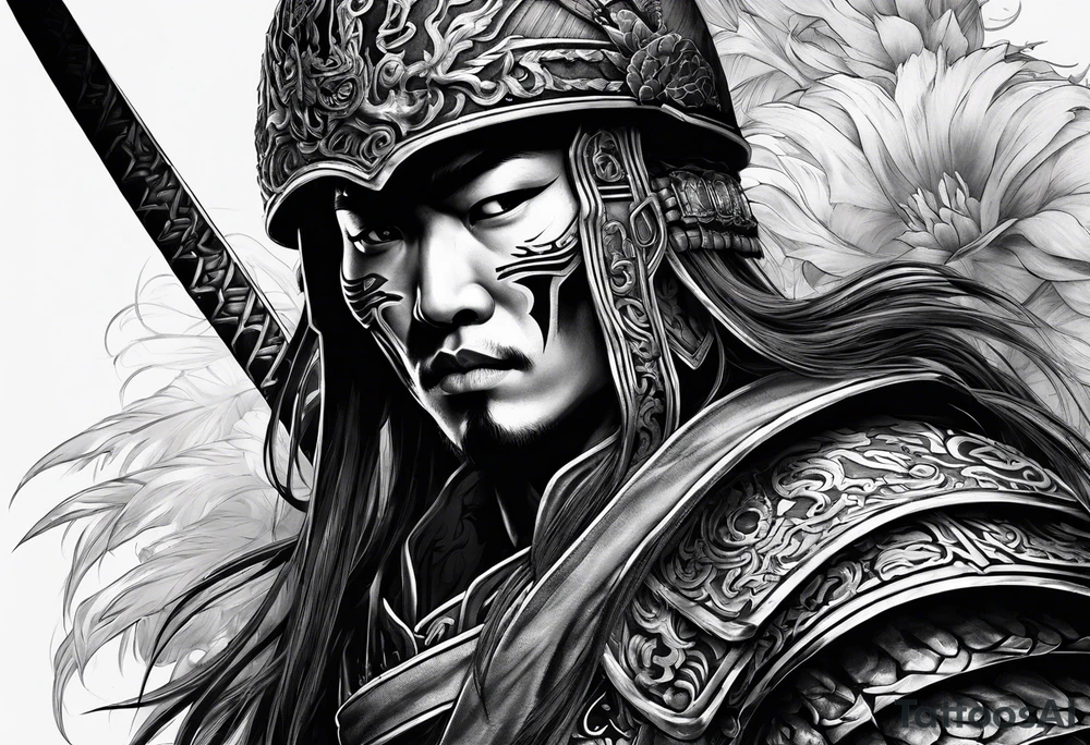 A full body sketch of a badass Asian warrior who is also a skeleton tattoo idea
