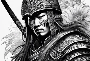 A full body sketch of a badass Asian warrior who is also a skeleton tattoo idea
